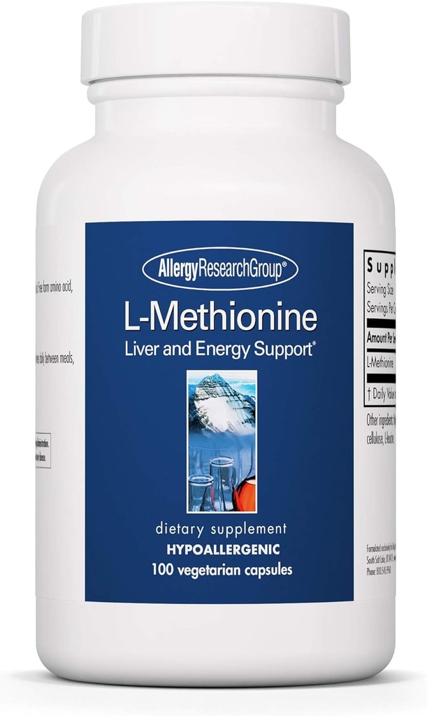 Allergy Research Group L-Methionine - Liver and Energy Support, Free Form Amino Acid, 500mg Supplement, Pure, Vegetarian Capsules - 100 Count