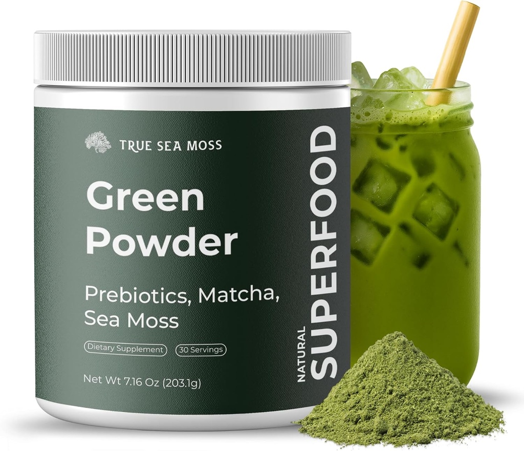 TrueSeaMoss Super Greens Powder with Matcha for Digestive & Gut Health – 25 Superfoods with Probiotics, Prebiotics, Enzymes & Sea Moss – Vegan Superfood Powder for Bloating & Regularity - 30 Servings