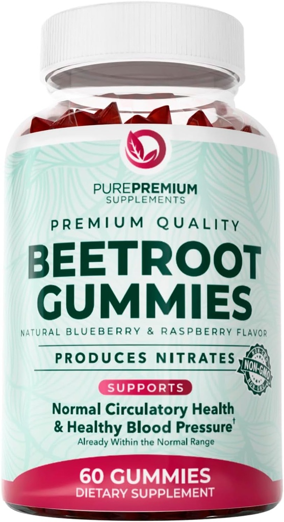 PurePremium Beet Root Gummies - 60 Sugar Free Chews (50:1 Equivalent 1500 mg) - Super Nitric Oxide Beetroot Gummies | Natural Blueberry Flavor - Supplements for Normal Blood Pressure
