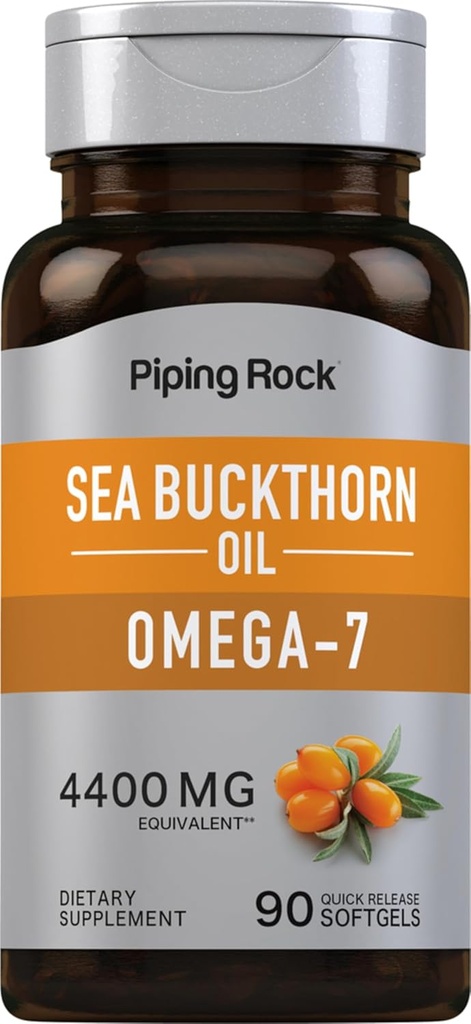 Piping Rock Sea Buckthorn Oil Capsules 4400mg | 90 Softgels | Sea Buckthorn Berry Extract | with Omega-7 | Gluten Free, Non-GMO