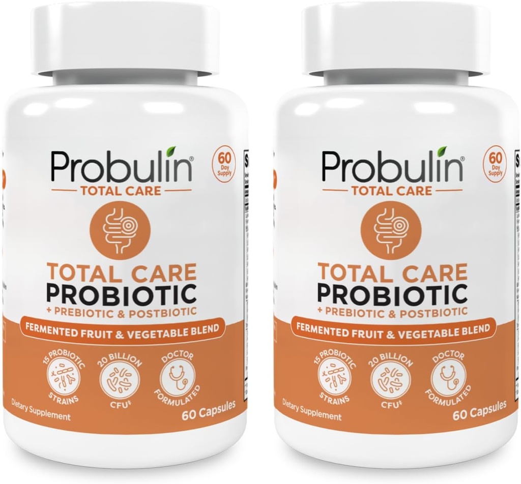 Probulin Total Care Pre + Pro + Postbiotic, 20 Billion CFU, 60 Vegan Capsules (Pack of 2)