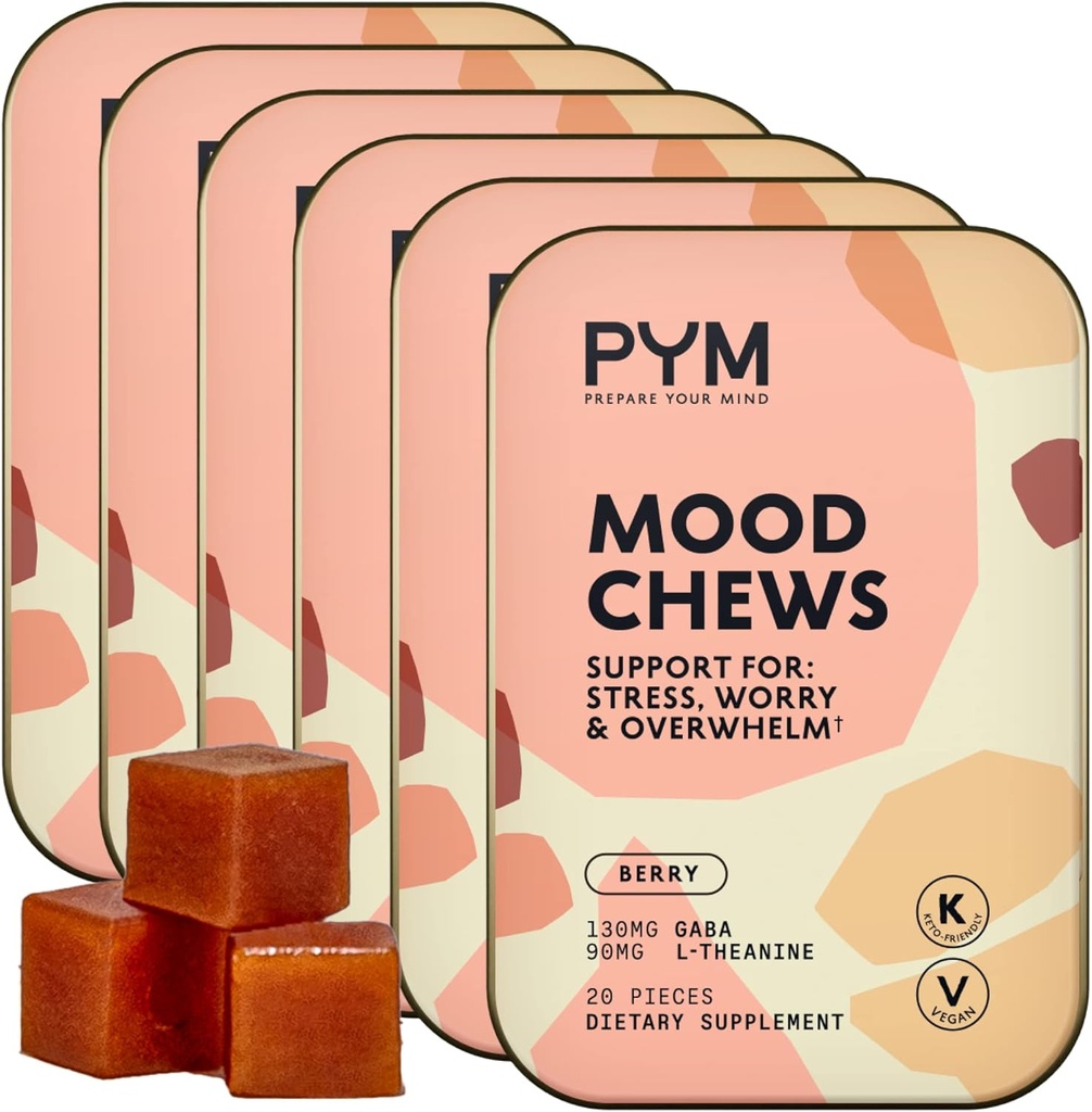 PYM Berry Mood Chews Support for Stress, Worry & Overwhelm, 120 Count | 130mg GABA, 90mg L-Theanine | Vegan, Non-GMO, Gluten-Free, No Added Sugar | All-Natural Mood Balance Supplement Made in USA