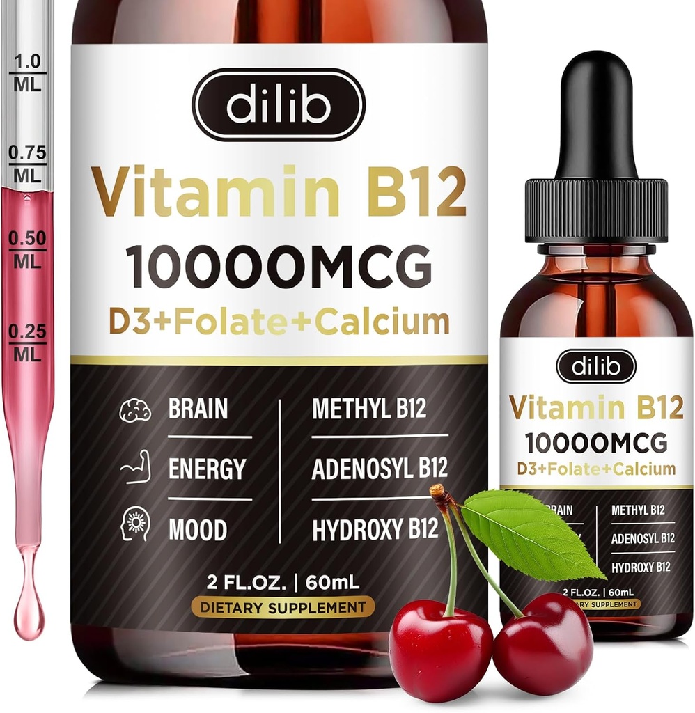 Vitamin B12 Complex 10000 mcg | Triple Liquid B-12 Drops Sublingual Supplement | Methylcobalamin & Adenosylcobalamin & Hydroxo Blend for Long-Lasting Energy and Healthy Metabolism Cherry Flavor, New