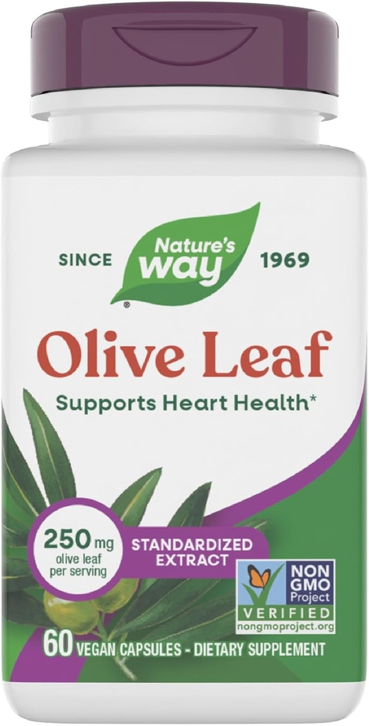 Nature's Way Olive Leaf Standardized Extract Supplement, Supports Heart Health*, 250 mg Per Serving, Gluten Free, Vegan, 60 Capsules (Packaging May Vary)