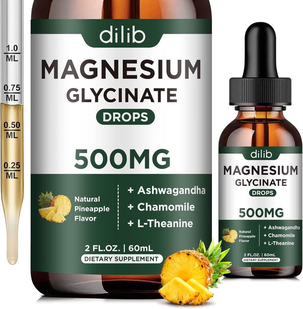 Magnesium Glycinate 500mg - Liquid Magnesium Drops, Ashwagandha, L - Theanine, Chamomile - Calm & Stress Relief, Relaxation, Restful Sleep, Muscle Heart Health, Vegan - 2 Fl Oz (30 Days)