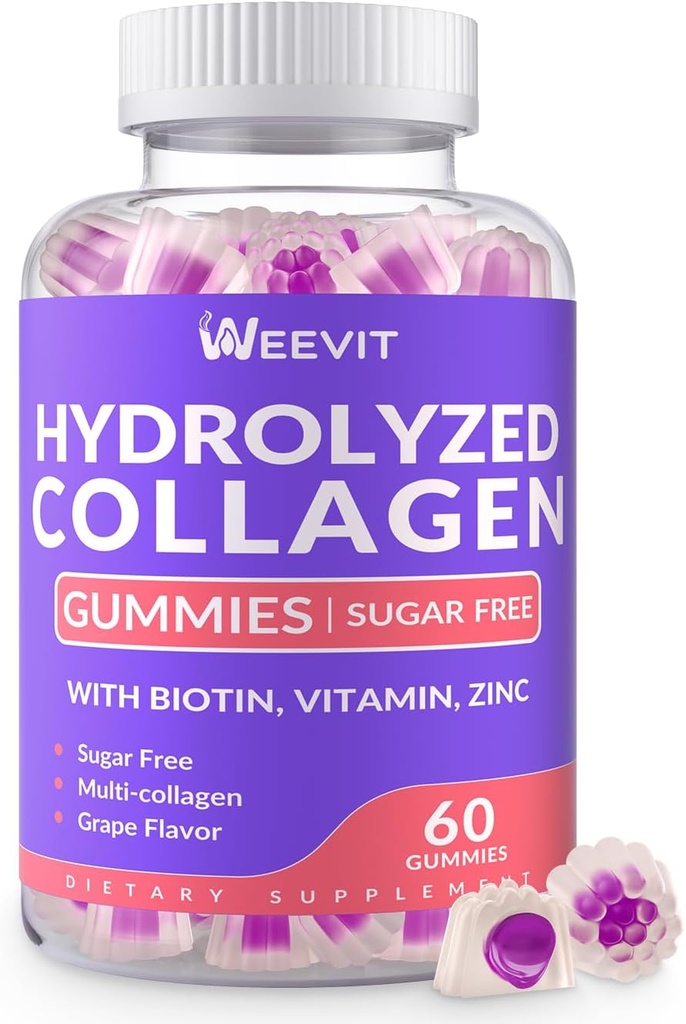 Sugar-Free Hydrolyzed Collagen Peptide Gummies, Collagen Gummies for Women with Biotin Vitamin C D B12, Collagen Supplement for Immune, Digestion, Skin, Nails, Hair