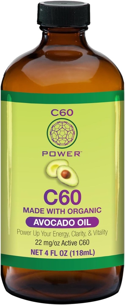 C60 Power C60 in Organic Avocado Oil - Natural Wellness Support for Men & Women, 99.99% Pure Carbon Fullerenes, Promotes Energy, Mental Clarity, & Stamina - 4 fl oz Bottle