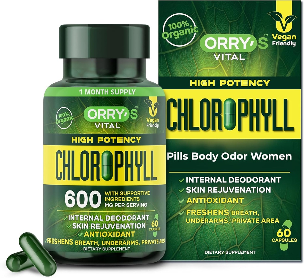 Orry's Vital Chlorophyll Capsules 600 mg - Natural Internal Deodorant to Detox Body Odor, Armpits & Private Parts - Body-Deodorizing Supplement: Supports Immunity and Digestion - 60 Chlorophyll Pills