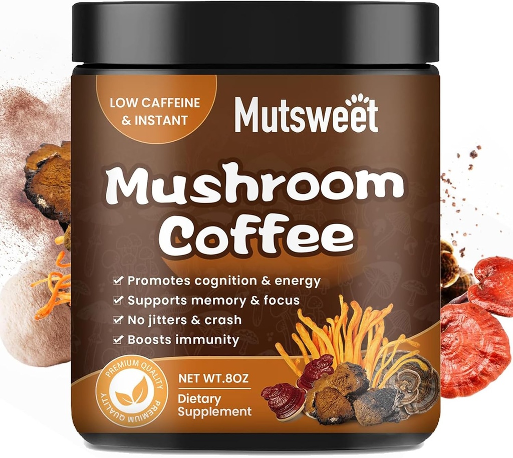 Mushroom Coffee, Powerful 12 in 1 Mushrooms Powder with Lion's Mane, Turkey Tail, Chaga & More, Immune Boosting Instant Arabica Coffee Mix with Cacao, L-Theanine for Focus, Energy