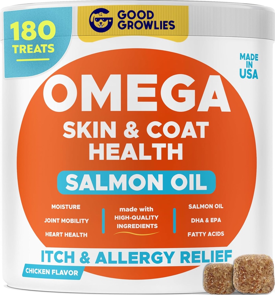 Omega 3 Fish Oil for Dogs (180 Ct) - Skin & Coat Chews - Dry & Itchy Skin Relief + Allergy Support - Shiny Coats - EPA&DHA Fatty Acids - Natural Salmon Oil Chews Promotes Heart, Hip & Joint Support