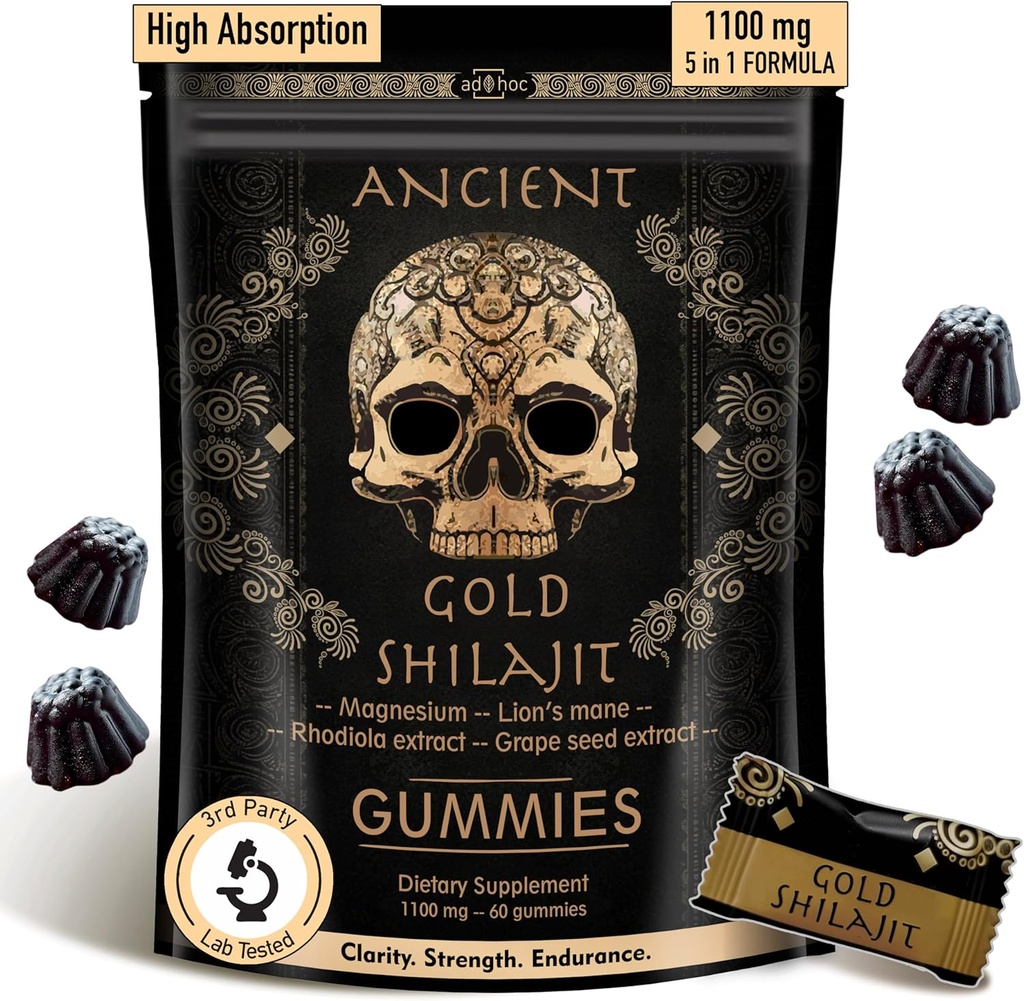 ad hoc 1100mg Gold Shilajit Gummies with Magnesium, Lions Mane, Rhodiola, Grape Seed - Himalayan Shilajit for Men Women, 85+ Trace Minerals & Fulvic Acid, Pure Shilajit for Energy Immune Support,60 Ct