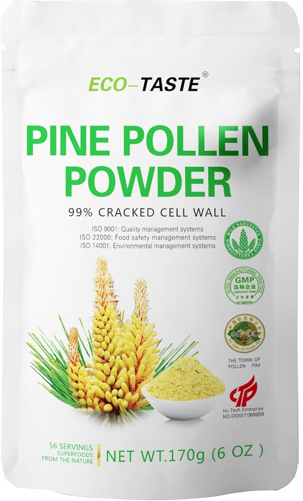 ECO-TASTE Pine Pollen Powder 6 Ounce, Wild Harvested - Pinus Tabuliformis， 99% Cracked Cell Wall