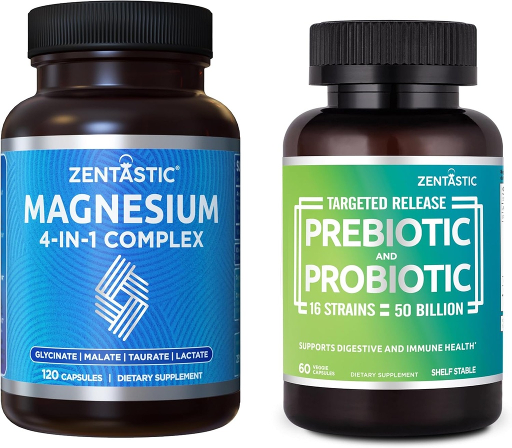 Zentastic 4-in-1 Magnesium Complex - Chelated Magnesium Glycinate, Malate, Taurate & Lactate & Probiotics & Prebiotics Supplement