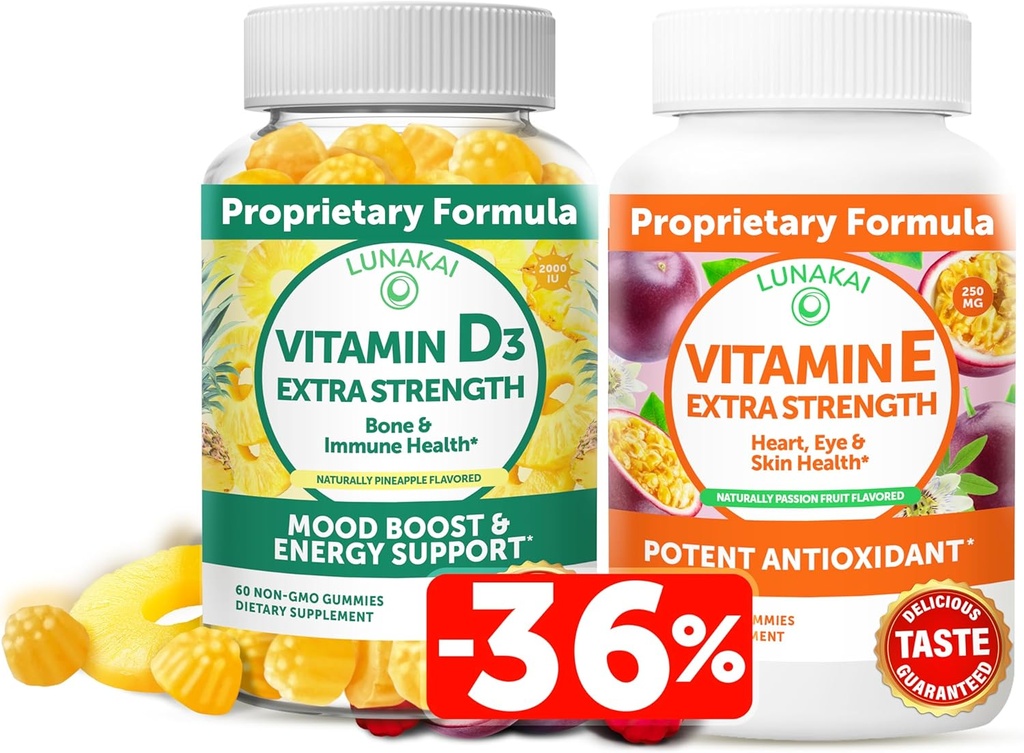 Lunakai Vitamin D3 and Vitamin E Gummies Bundle - Immunity, Bone and Mood Support Gummy - 250 mg 1000 iu Natural VIT E Plus C Supplements