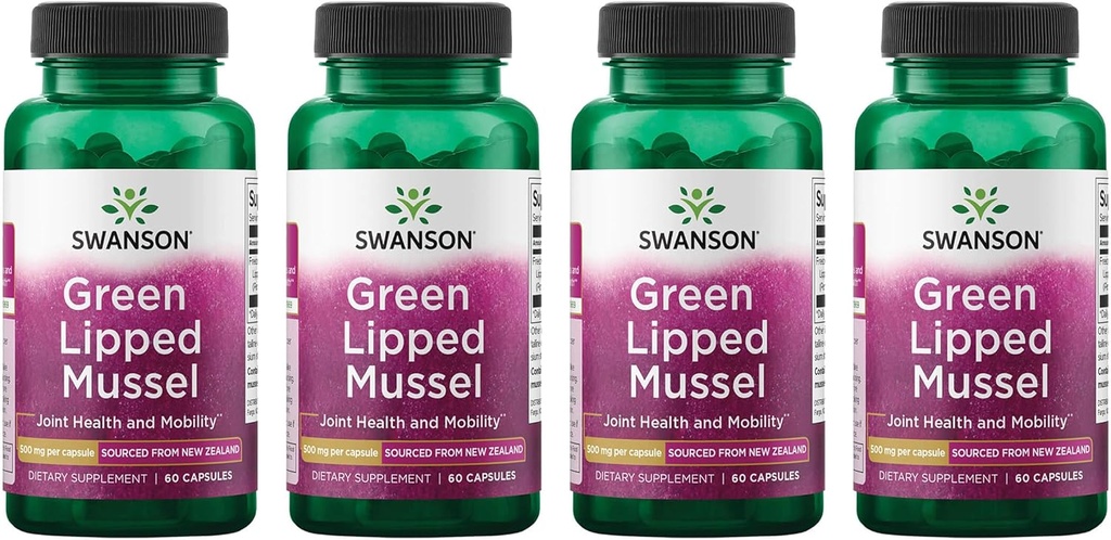 Swanson Green Lipped Mussel (Freeze-Dried) - New Zealand Joint Health & Mobility Supplement - Natural Formula May Support Heart Health & Digestive Function - (60 Capsules, 500mg Each) (4 Pack)