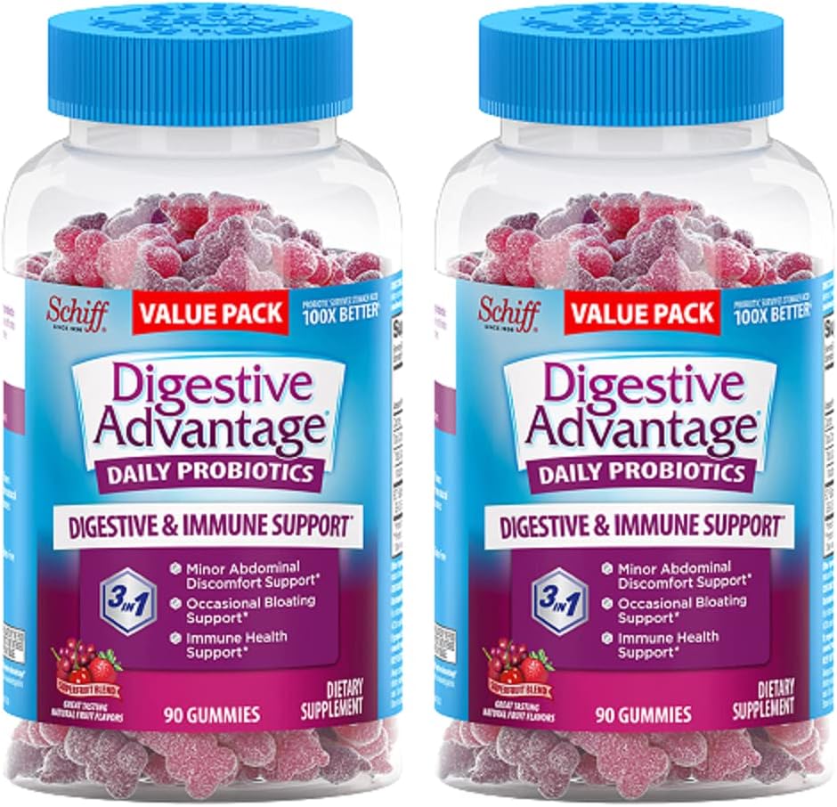 Digestive Advantage Daily Probiotic Gummies for Digestive & Gut Health for Men and Women, Superfruit Flavor, Red, 180 Count, Pack of 2