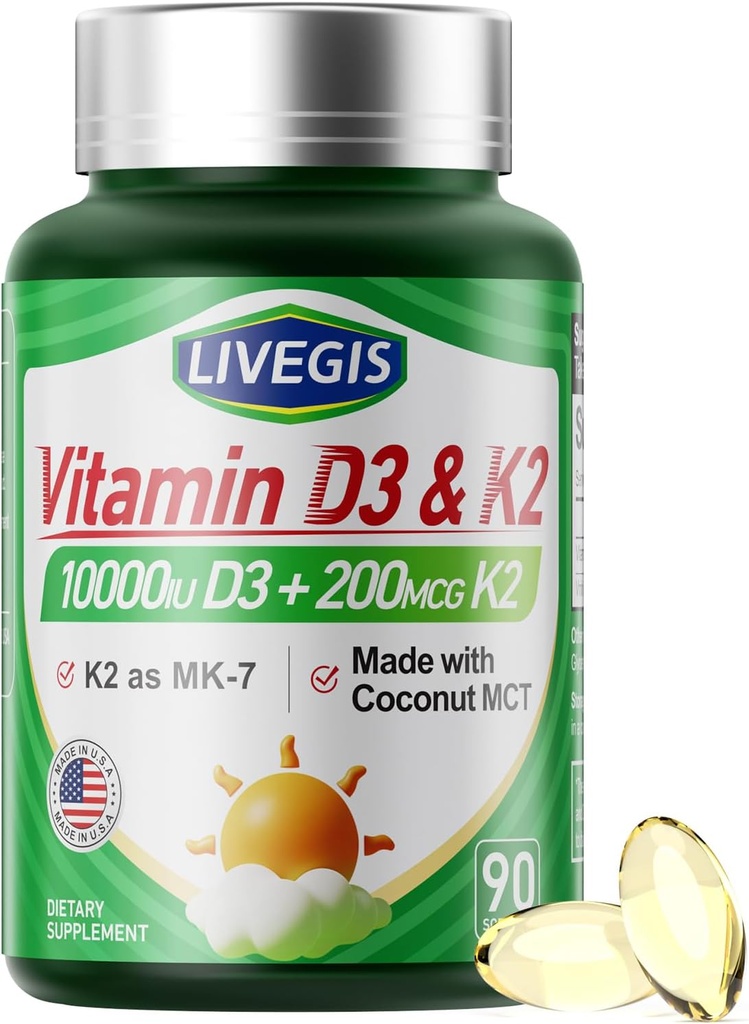 Vitamin D3 K2 Softgels, D3 10000 IU with K2 (MK-7) 200 mcg with Coconut Oil Softgels, Easy to Swallow 2 in 1 Vitamins D & K, Supports Calcium Absorption, Immune and Heart Health - 90 Counts
