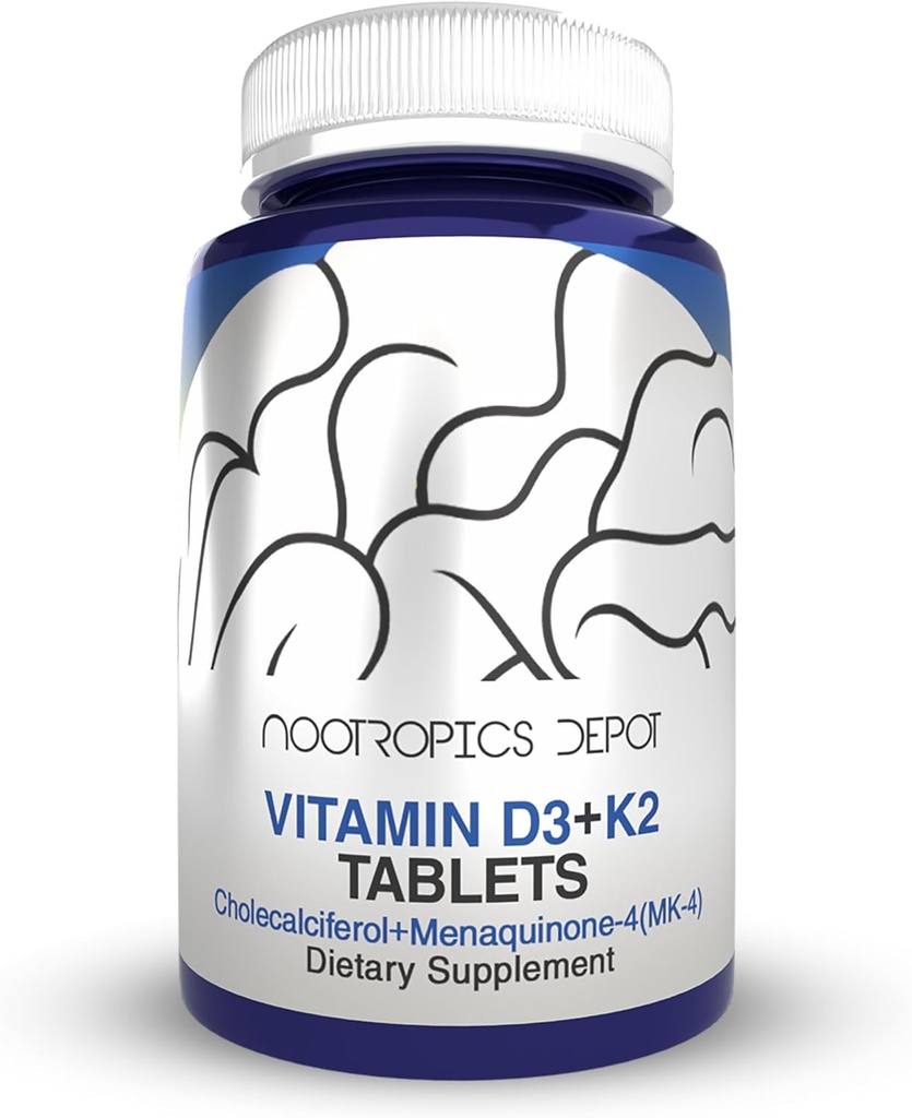 Nootropics Depot Vitamin D3 + K2 with Vitamin C Tablets | 60 Count | Cholecalciferol + Menaquinone-4 (MK-4) | Mood, & Bone Health | Healthy Calcium Absorption