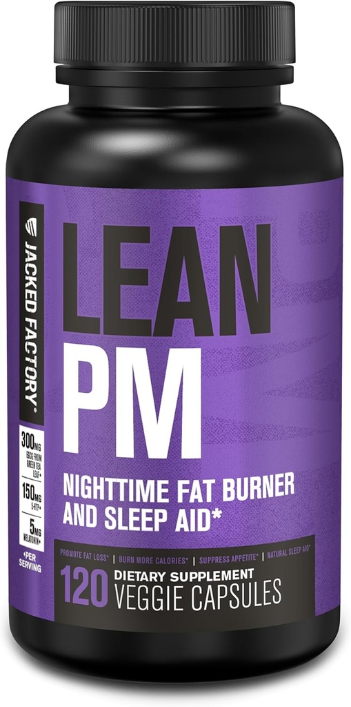 Jacked Factory Lean PM Night Time Fat Burner, Sleep Aid Supplement, & Appetite Suppressant for Men and Women - 120 Stimulant-Free Veggie Weight Loss Diet Pills