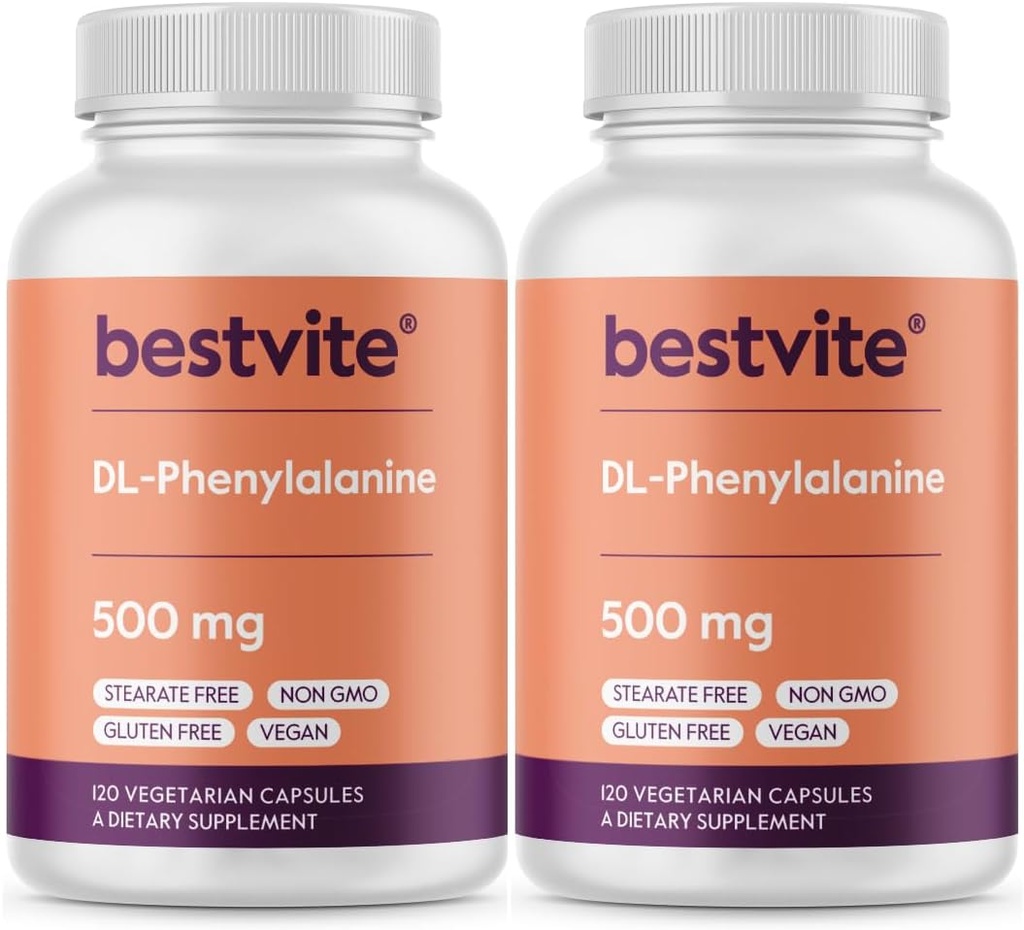 BESTVITE DL-Phenylalanine 500mg (240 Vegetarian Capsules) (2-Pack) - No Stearates - No Fillers - Vegan - Gluten Free - Non GMO