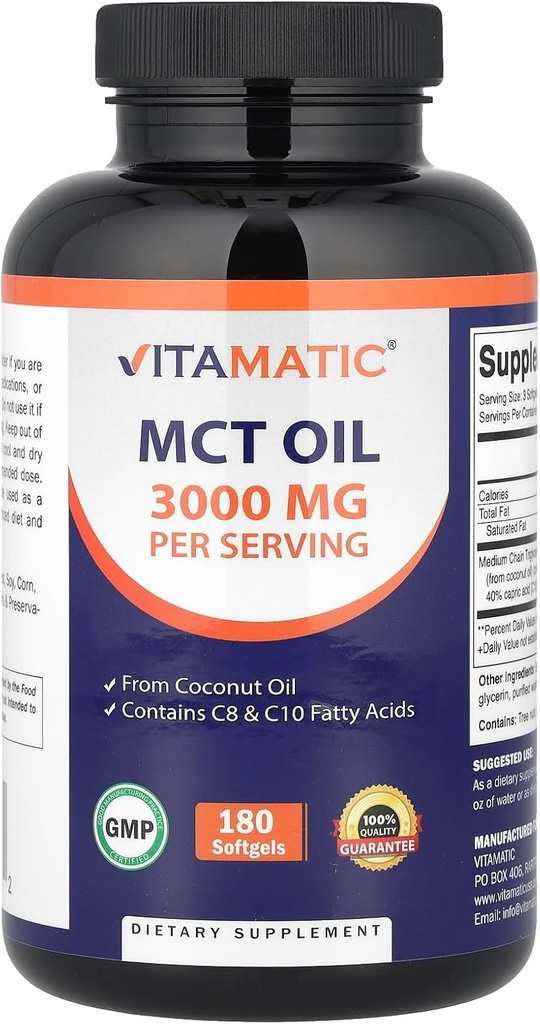 Vitamatic MCT Oil 3000 mg per Serving - 180 Softgels - from Coconut Oil - Contains 55% caprylic Acid C8 and 40% capric Acid C10