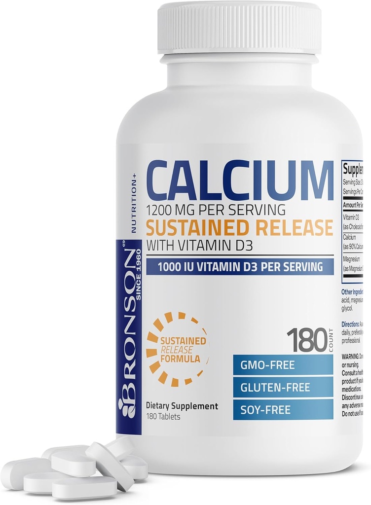 Bronson Calcium 1200 MG Per Serving Sustained Release with Vitamin D3 1000 IU Vitamin D3 Per Serving Non-GMO, 180 Tablets