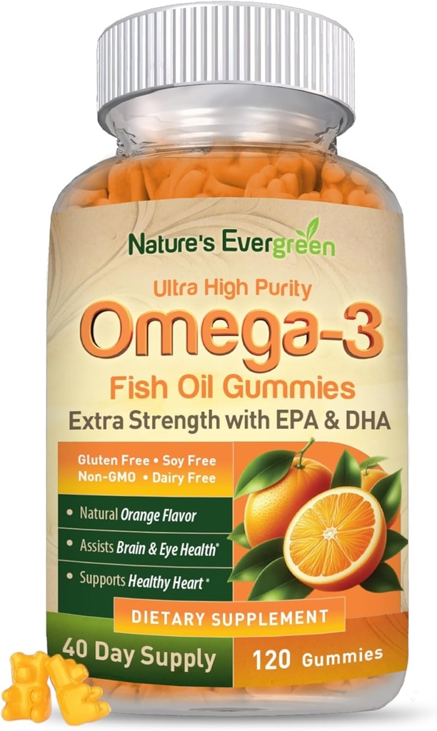 Extra Strength Omega 3 Fish Oil Gummies with DHA & EPA | Ultra High Purity Omega 3 Gummy Supplement for Healthy Heart, Joint & Brain Support | Nature's Vitamins, Orange Flavor | 120 Gummies