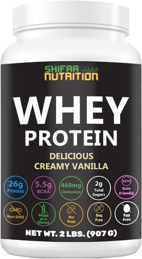 SHIFAA NUTRITION Delicious Creamy Vanilla Halal Whey Protein Powder 2Lbs | 26g Protein, 5500mg BCAAs, and 460mg Glutamine | for Recovery & Lean Muscles | Gluten-Free | Non-GMO | Keto-Friendly