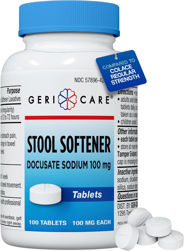 GeriCare Docusate Sodium Stool Softeners, Best Stool Softener for Daily use for Women, Men, and Elderly - Ideal for Constipation Relief 100mg Crushable Tablets. (100 Count) Made in The USA.