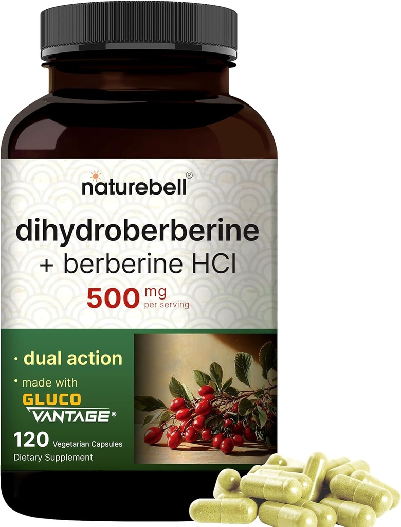 NatureBell Dihydroberberine with Berberine HCl 500mg, 120 Veggie Capsules | 5X Better Absorbed with GlucoVantage | Supports Balanced Sugar Levels & Heart Health | Vegan, Non-GMO