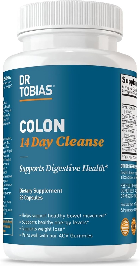 Dr. Tobias Colon 14 Day Cleanse, Advanced Gut Cleanse Detox for Women & Men with Cascara Sagrada, Psyllium Husk, Senna Leaf & Probiotics, Non-GMO Colon Cleanse, 1 Bottle of 28 Capsules (1-2 Daily)