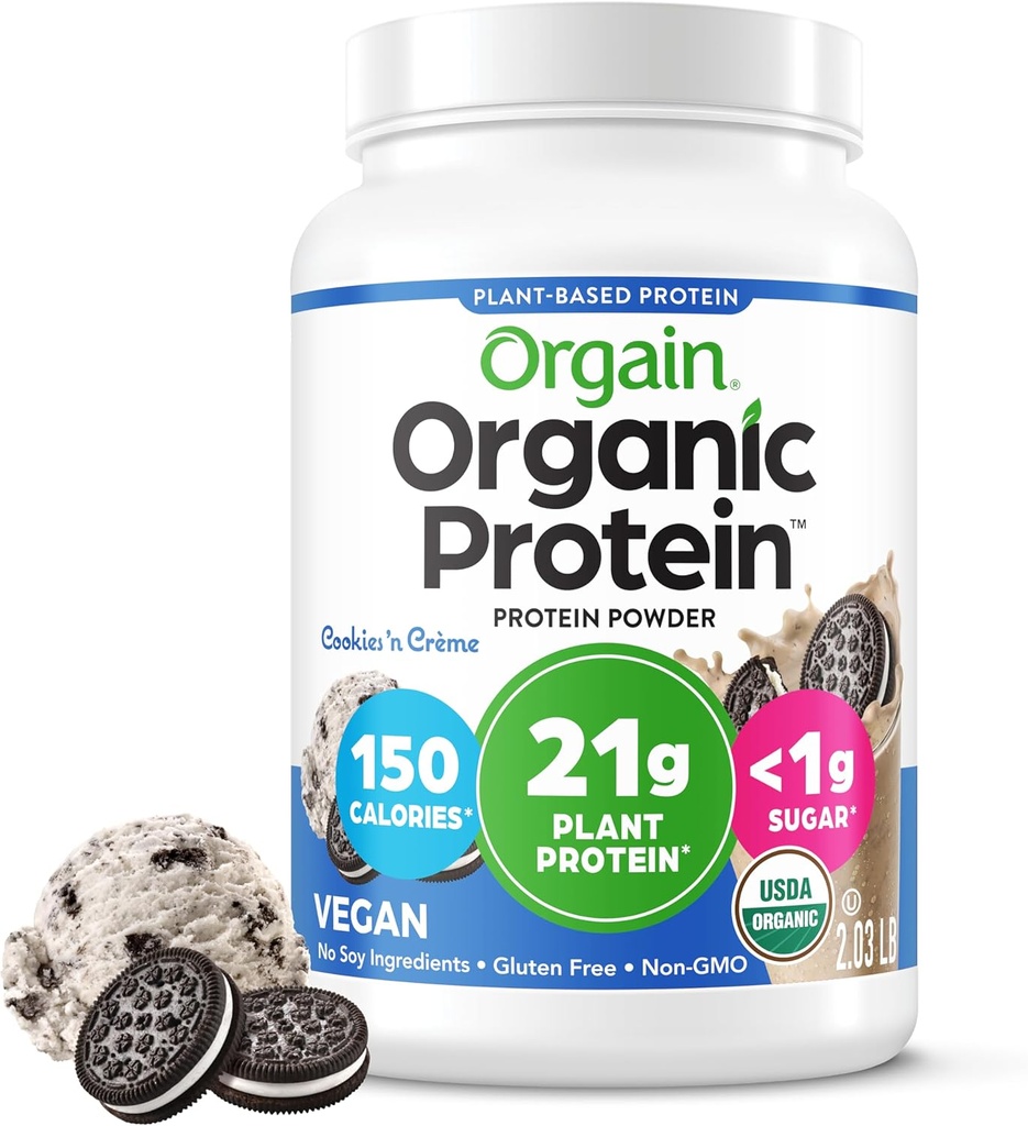 Orgain Organic Vegan Protein Powder, Cookies & Cream - 21g Plant Based Protein, 7g Prebiotic Fiber, Low Net Carb, No Lactose Ingredients, No Added Sugar, Non-GMO, For Shakes & Smoothies, 2.03 lb