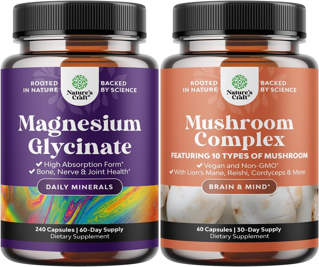 Bundle of High Absorption Magnesium Glycinate Capsules for Calming Sleep Plus Muscle Bone & Nerve Support and Extra Strength Mushroom Complex Capsules - 10X Lions Mane Mushroom Supplement