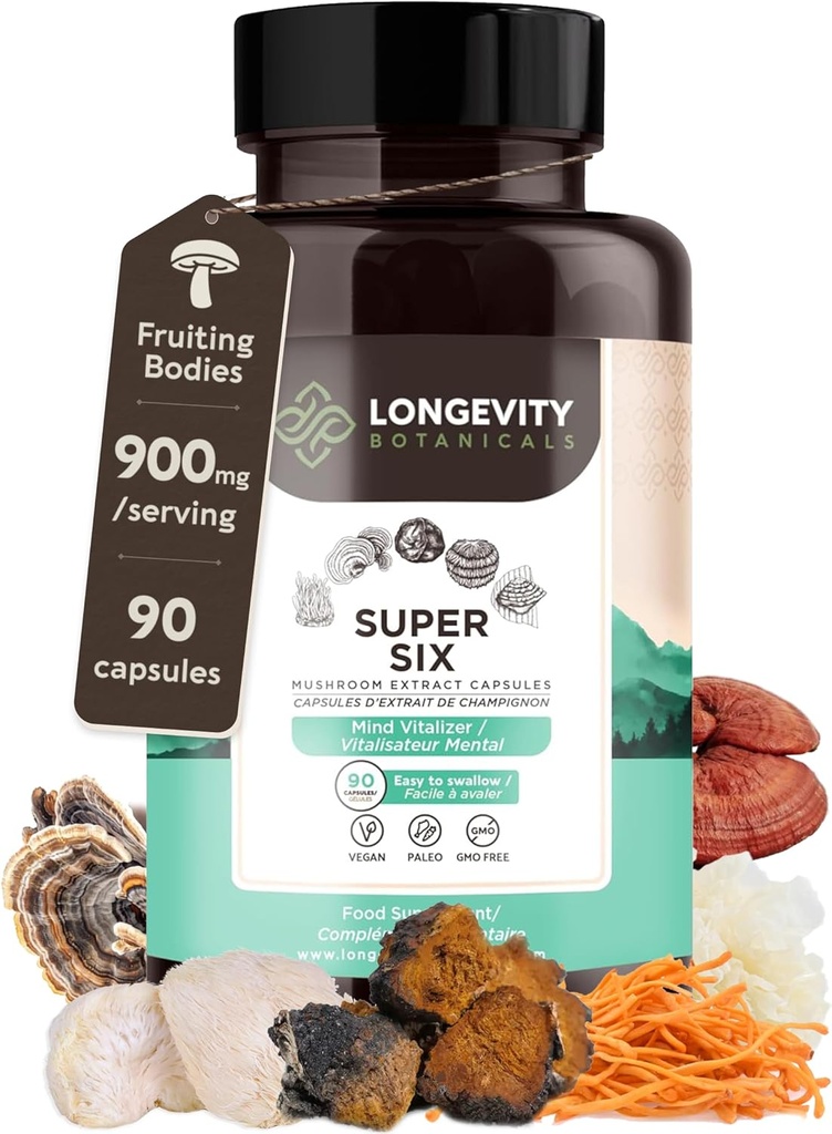 Organic Super Six Mushroom Blend Capsules Supplement (90) | Fruiting Body Extract Complex | Lions Mane, Turkey Tail, Cordyceps, Reishi, Chaga & Tremella | 35% Beta-D Glucans | Overall Wellness Support