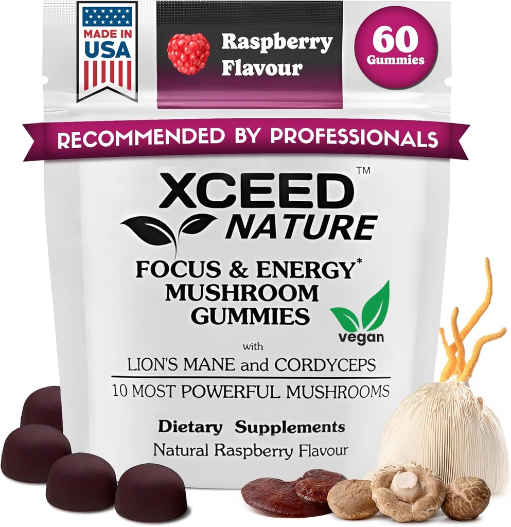 Lions Mane & Cordyceps Mushroom Gummies - 10in1 Supplement - for Focus, Energy, Mood, Memory & Clarity - 60 Pcs