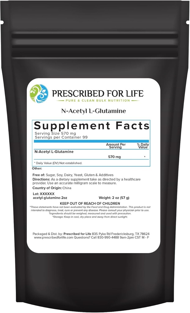 Prescribed For Life N Acetyl L Glutamine Powder, Pure L Glutamine Amino Acids Supplement (2oz / 56g)