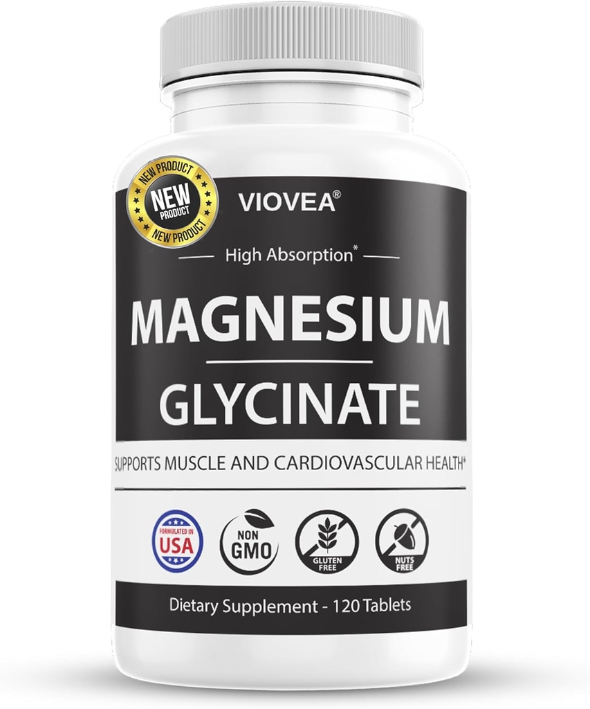 Magnesium Glycinate - Made in USA, 400mg per Serving, 120 Tablets, 100% Chelated for Higher Absorption, Non-GMO and Gluten-Free, Supports Muscle, Bones and Heart Well-Being
