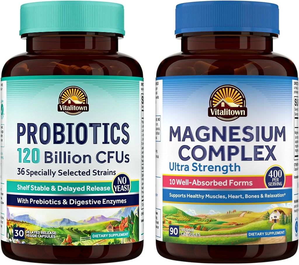 Vitalitown Probiotic + Magnesium Bundle (Pack of 2) | Probiotics 120 Billion (Item 1) & 6-in-1 Magnesium Complex (Item 2) | Gut, Bone, Muscle, Sleep Health | Vegan | 30 Capsules & 120 Capsules