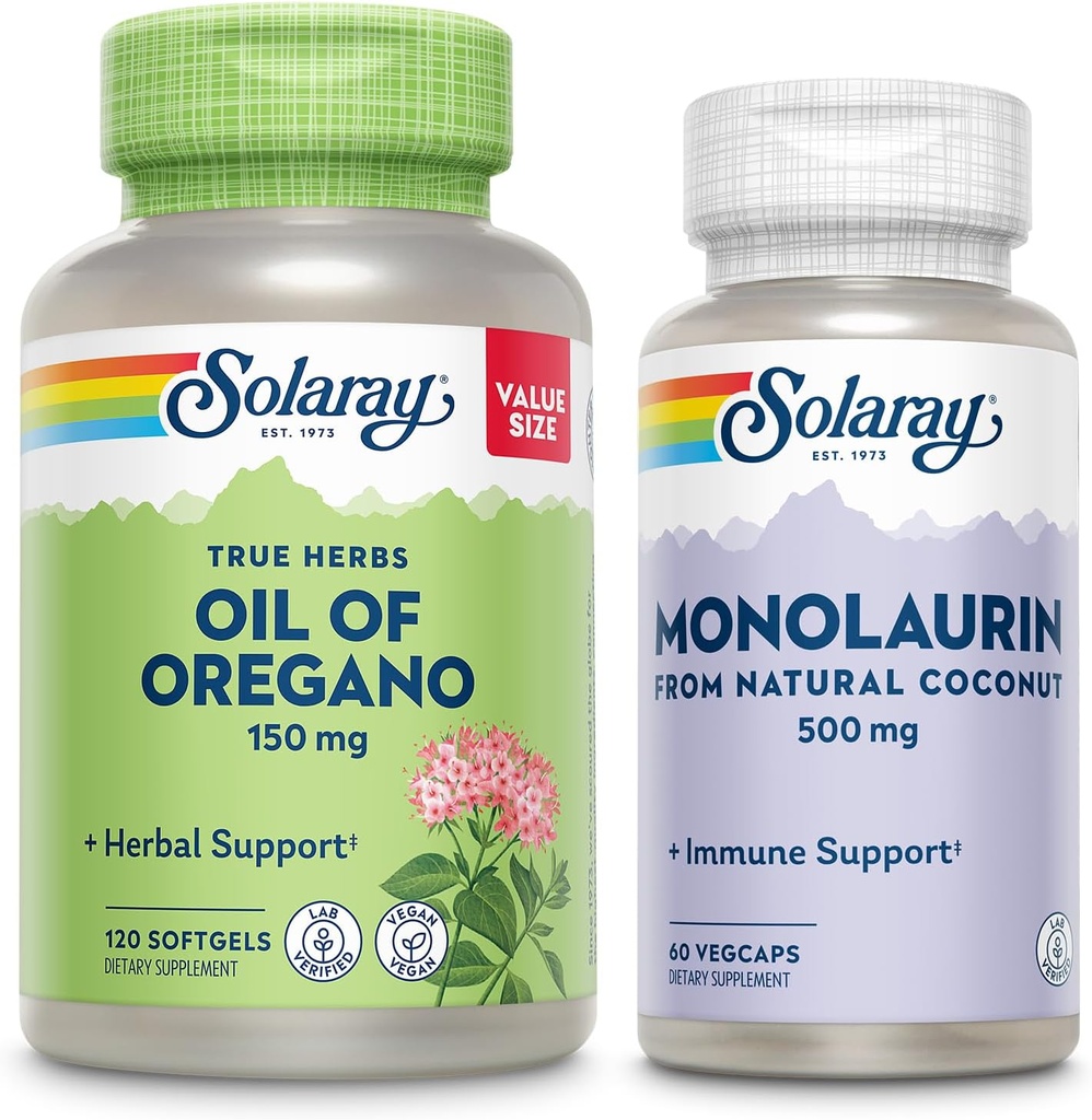 SOLARAY Oil of Oregano Softgels 150 mg and Monolaurin 500 mg - Wellness Bundle - Oregano Oil and Monolaurin Immune Support Supplement from Natural Coconut - 60-Day Guarantee, 120 Softgels /60 VegCaps