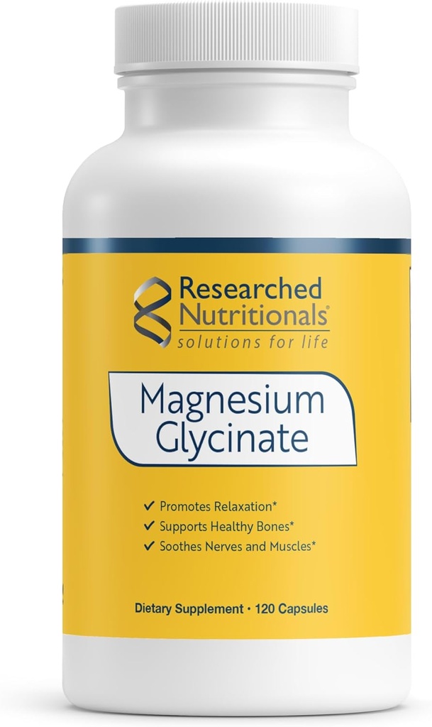 Researched Nutritionals Magnesium Glycinate Capsules - 125mg High Absorption Magnesium Glycinate Supplement to Support Healthy Bones and Energy Production - Vegan & Non-GMO (120 Capsules)