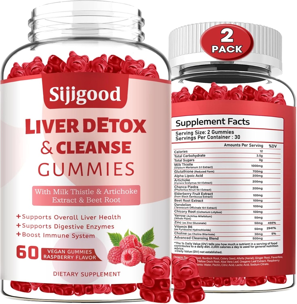2 Pack Liver Cleanse Detox and Repair Gummies - Silymarin Milk Thistle Supplement with Artichoke, Dandelion and Elderberry - Liver Support Supplement - 120 Raspberry Flavored Gummies