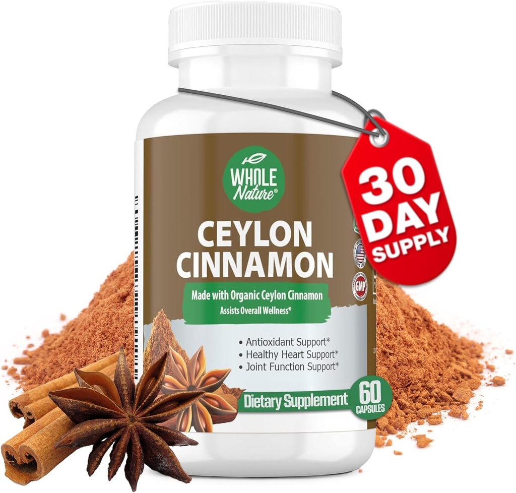 Cinnamon Capsules 1200mg. Organic Ceylon Cinnamon Supplement, Cinnamon Pills Support Heart, Brain, Bone, Joint, Metabolism. True Cinnamon Powder, Non-GMO, Gluten Free, Vegan 60 ct (1)