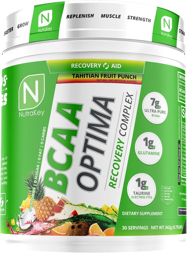 NutraKey BCAA Optima Post Workout Recovery Complex, No Sugar, No Carb, Recovery Aid, Fruit Punch