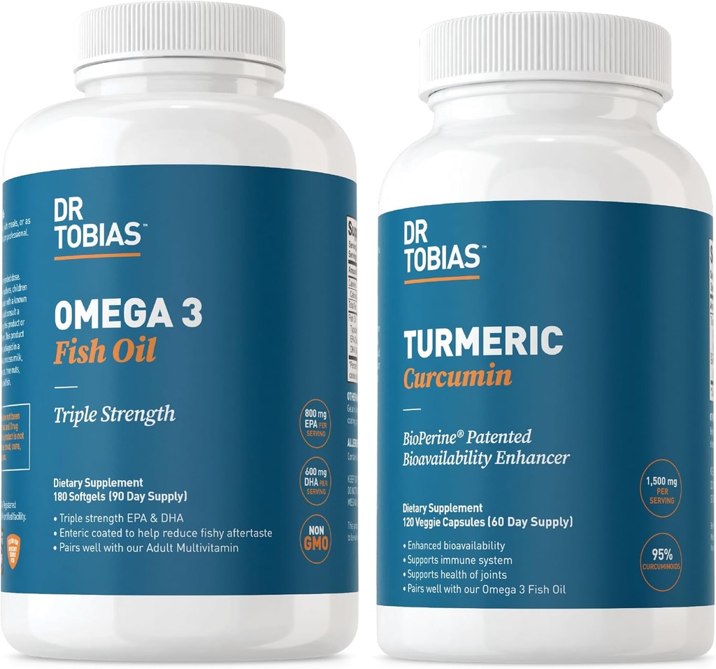 Dr. Tobias Omega 3 Fish Oil, 2000mg, and Turmeric Curcumin, 95% Curcuminoids, Promotes Overall Health with Antioxidant Support