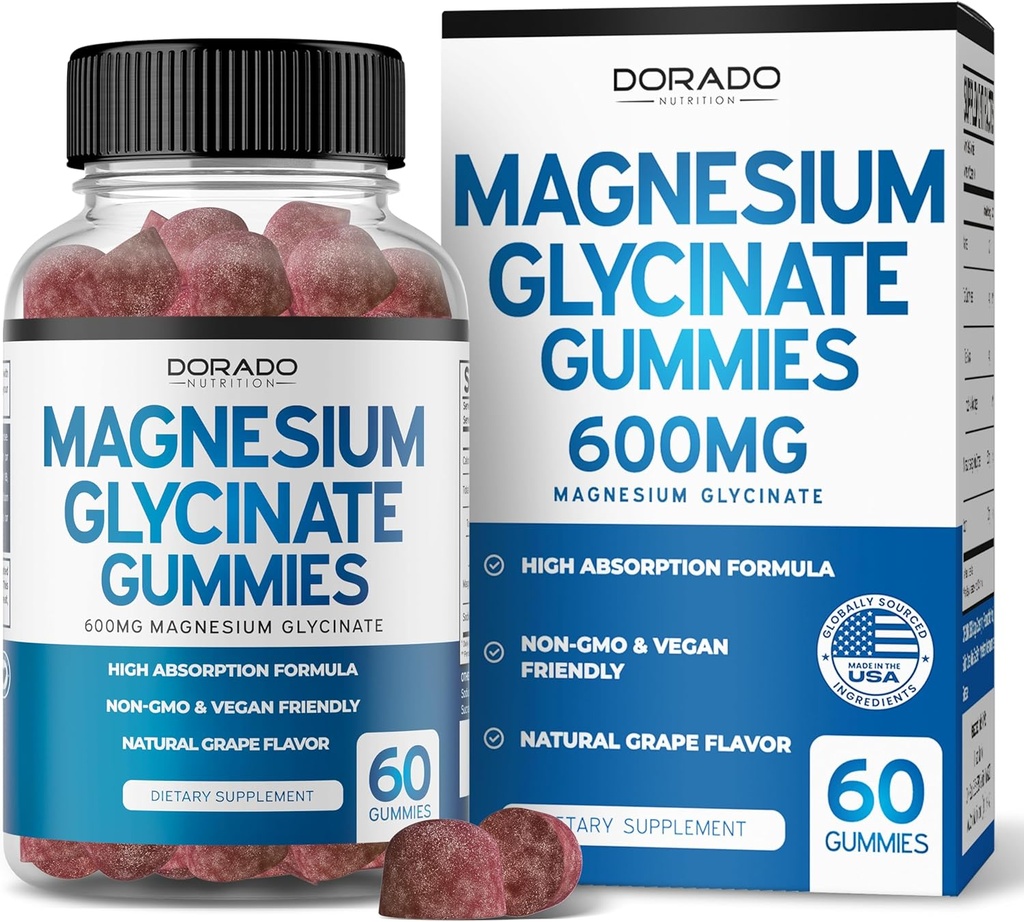 Magnesium Glycinate Gummies 600mg (60mg of Elemental Magnesium Provided by Pure 600mg Glycinate Gummies for Adults) - Non-GMO, Vegan Safe & Made in USA - Delicious Grape Flavor (60 Count)