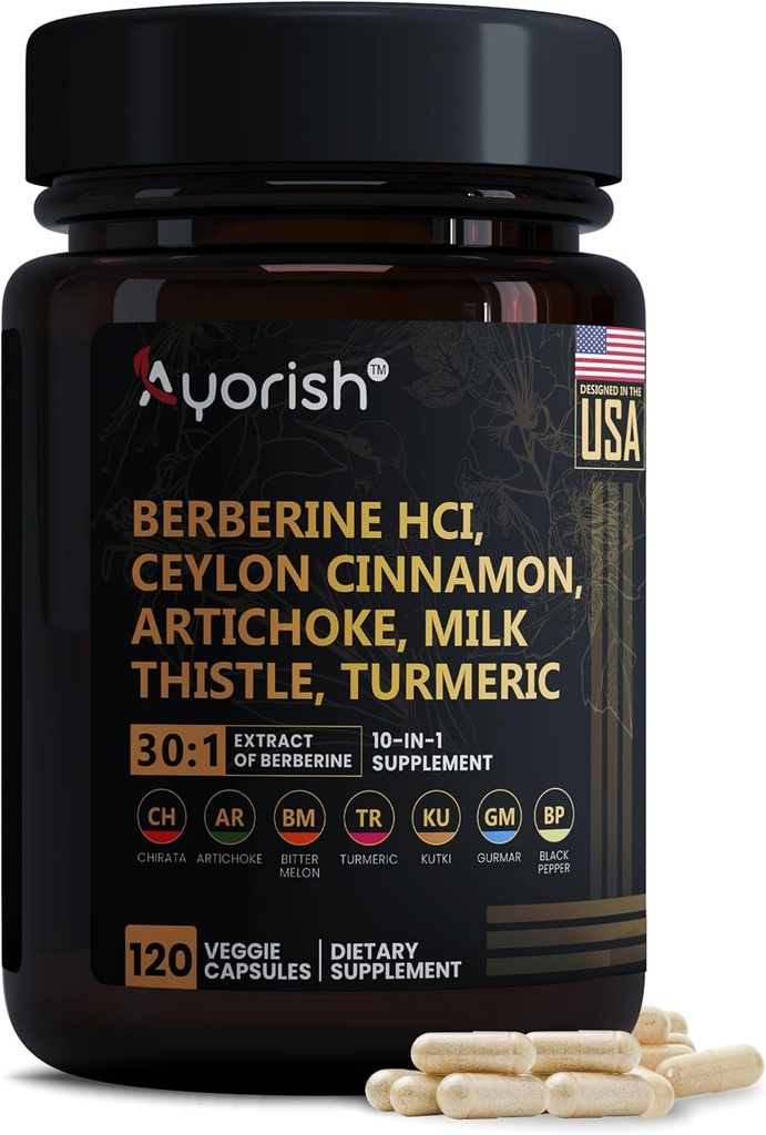 Berberine Supplement – High Strength 7500mg Equivalent – Berberine with Ceylon Cinnamon, Milk Thistle & Turmeric – 120 Vegan Capsules – Non-GMO, USA Formulated