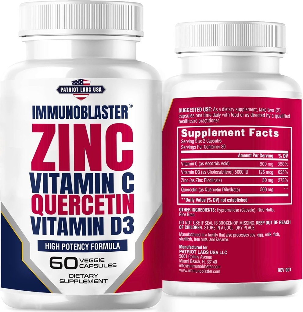 Zinc Quercetin 500mg with Vitamin D and C Antioxidant Immune Support High Potency Quercetin Zinc Supplement for Men and Women - Gluten, Soy, & Dairy Free - 60 Count (Pack of 1)
