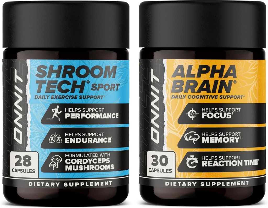 ONNIT Premium Alpha Brain Bundle - Nootropic Brain Supplement (30 Count) for Focus, Concentration & Memory + Shroom Tech Sport for Exercise, Energy & Cardiovascular Performance (28 Count)