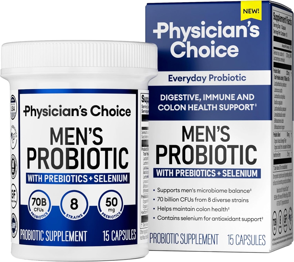 Physician's Choice Probiotics for Men - 70 Billion CFU - 8 Strains - Selenium & Prebiotics - Supports Digestive Health, Microbiome, Colon, & Immune Health - Advanced Men's Probiotic - 15ct Sample Size