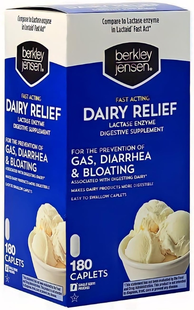 berkley jensen Maximum Strength Fast Acting Lactase Enzyme 9000 FCC - Natural Dairy Relief Digestive Supplement - Helps Prevent Bloating, Gas, Loose Bowels Due to Lactose Intolerance, 180 Tablets